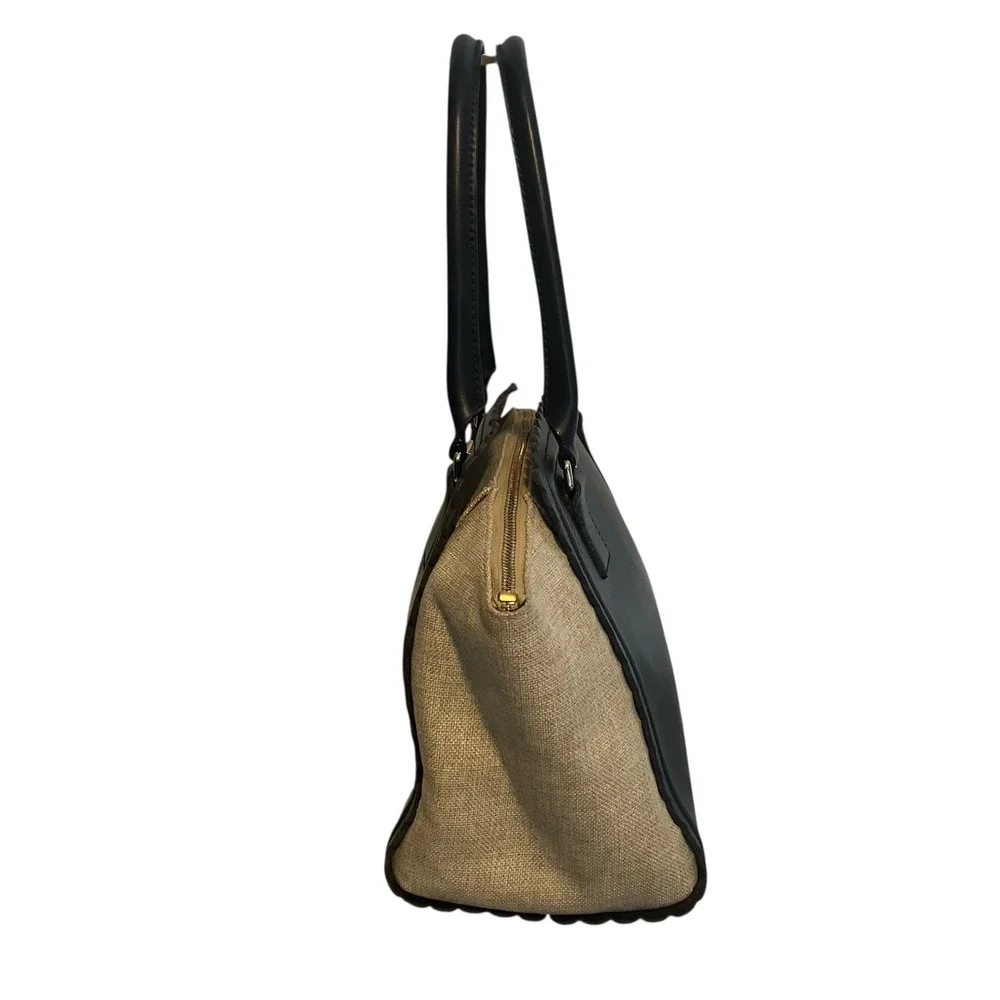Kate Spade New York Scalloped Tote Bag Black Leather Natural Canvas Top Zip‎ - Picture 2 of 5